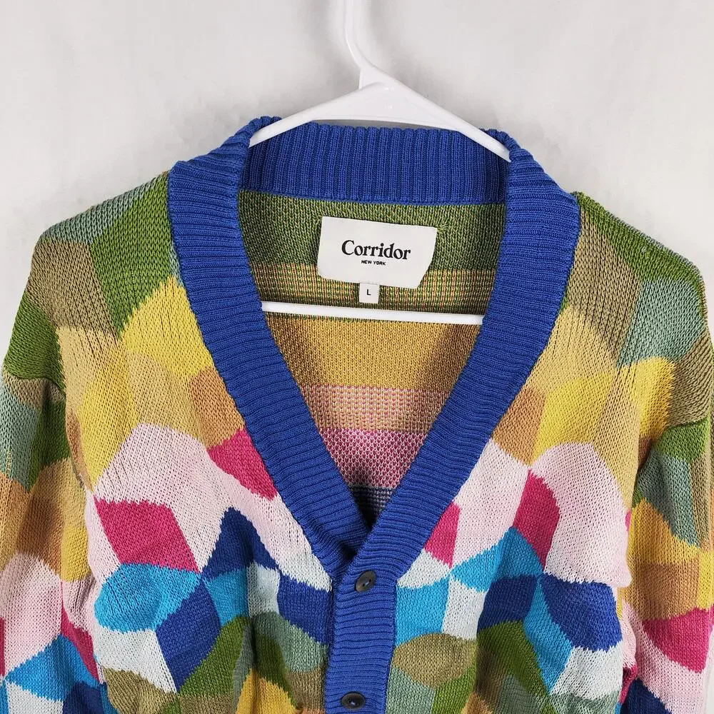 Corridor Cardigan Sweater Mens Large Multicolor Geometric V Neck Button Front